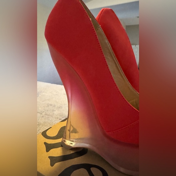 Beau+Ashe Vibrant Coral Platform Peep Toe Wedges with Gradient See-Thru Wedge - Picture 7 of 15